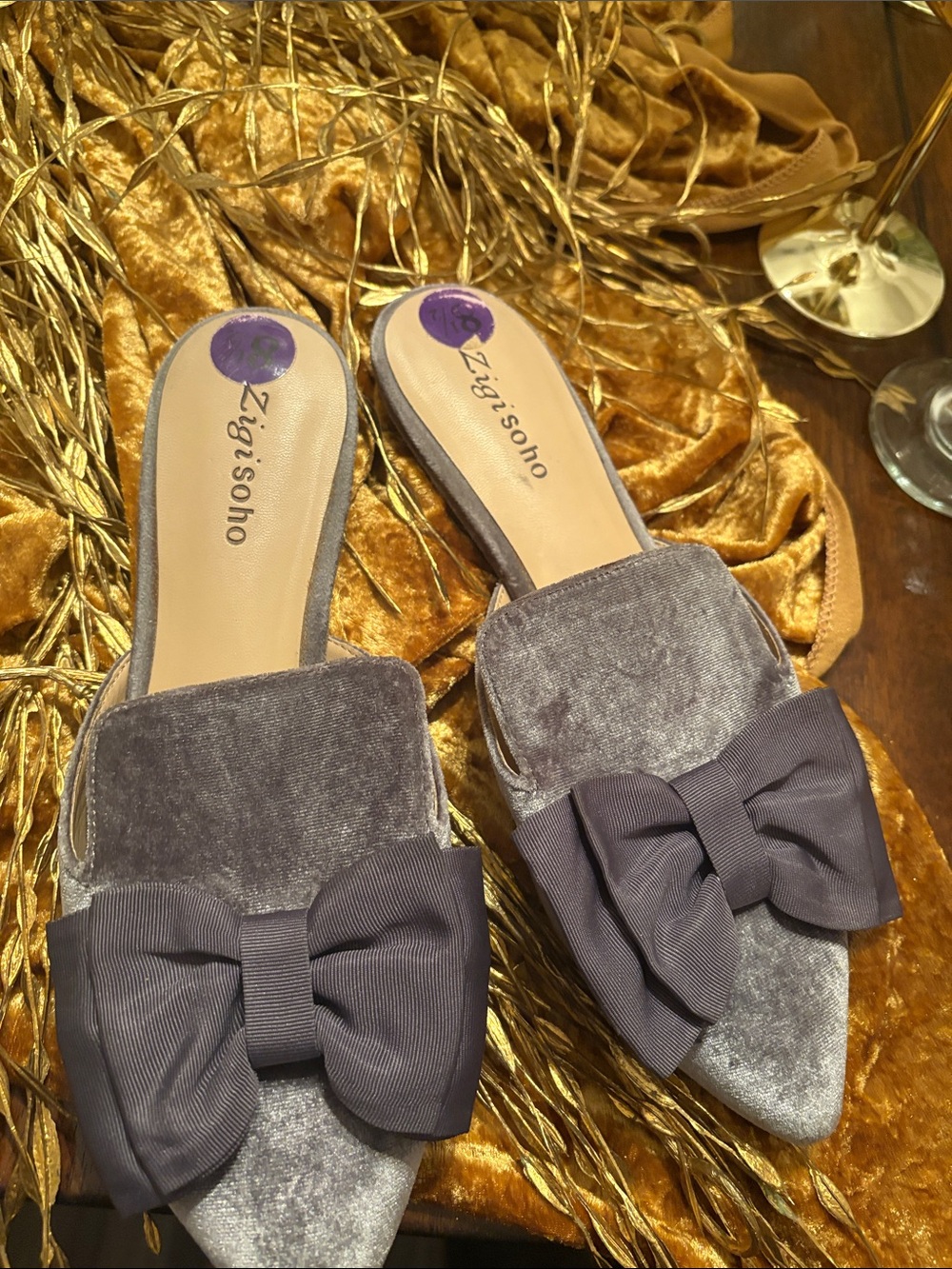 Zigi Soho Velvet Pointed Bow Slide Mules in Gray